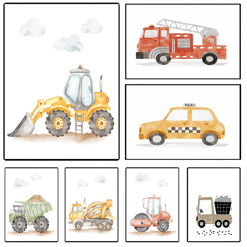 Heavy Equipment Background - Akwarela Pojazdy Wall Art Ciężarówki budowlane