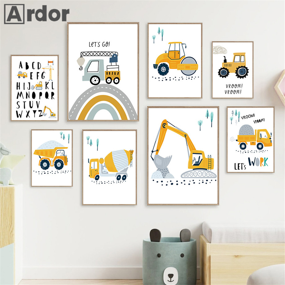 Heavy Equipment Background - Dziecko Plakat Kreskówka Ciągnik Ciężarówka Koparka