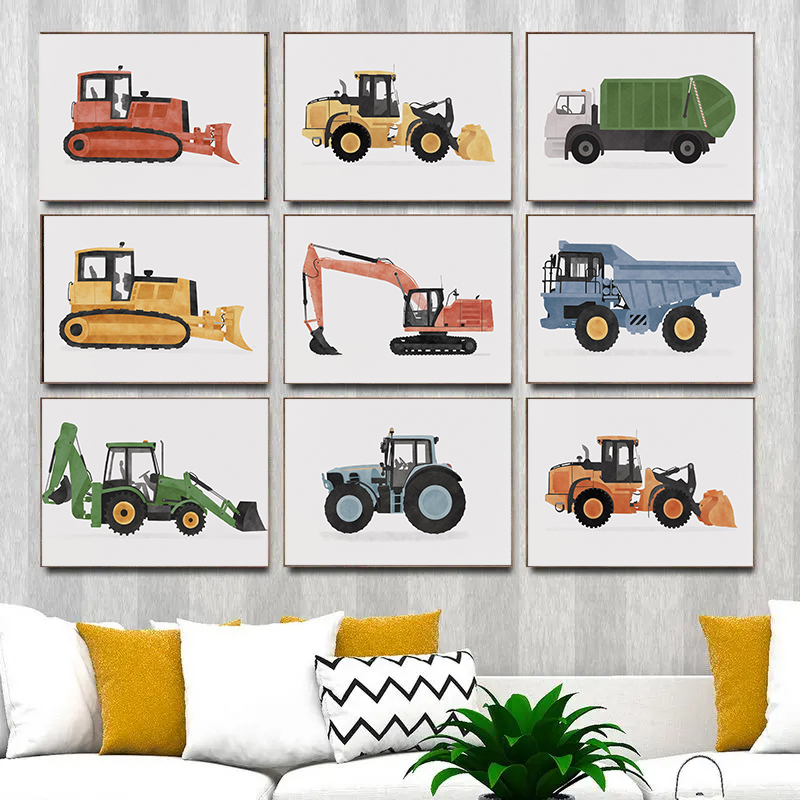 Heavy Equipment Background - Klasyczny Plakat z Kreskówkowym Samochodem Technologicznym