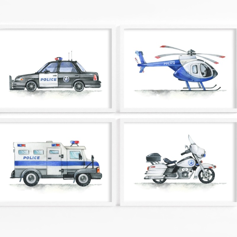 Heavy Equipment Background - Helikopter Samochód Policyjny Chłopiec Pokój Dziecięcy